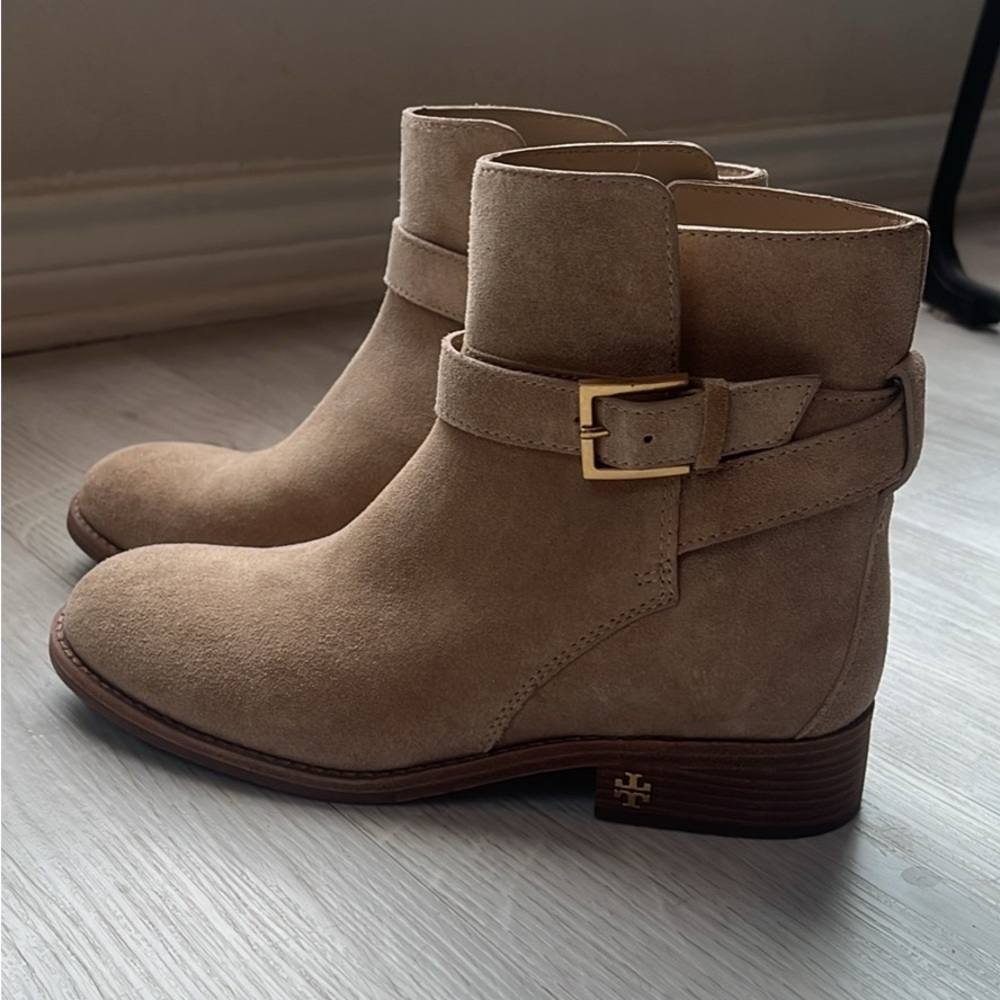 Tory Burch Tan Ankle Booties with Gold Buckle